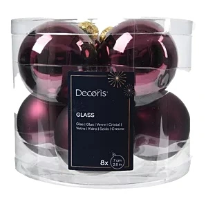 DECORIS Kerstbal glas d7cm donker mauve 8st